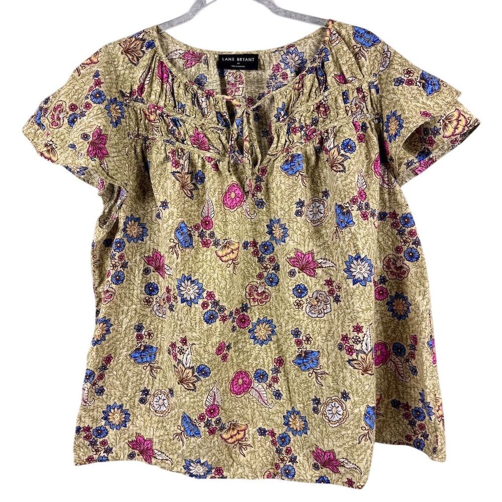 Lane Bryant Green Floral Short Sleeve Peasant Blouse